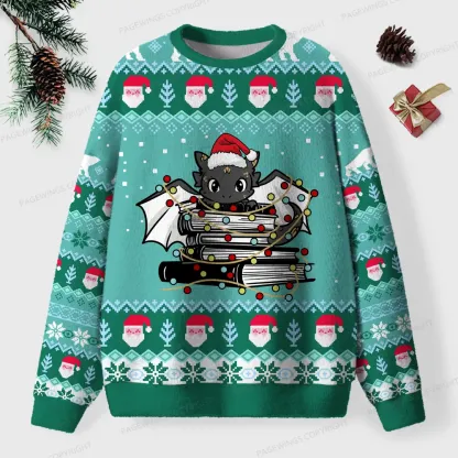 Pagewings Christmas Book Dragon Unisex Ugly Knit Sweatshirt