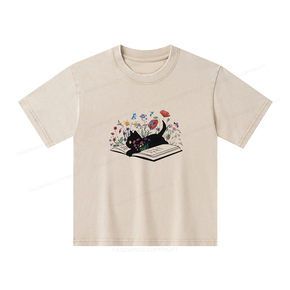 Pagewings Cute Book Cat Unisex Kids Washed T-shirt