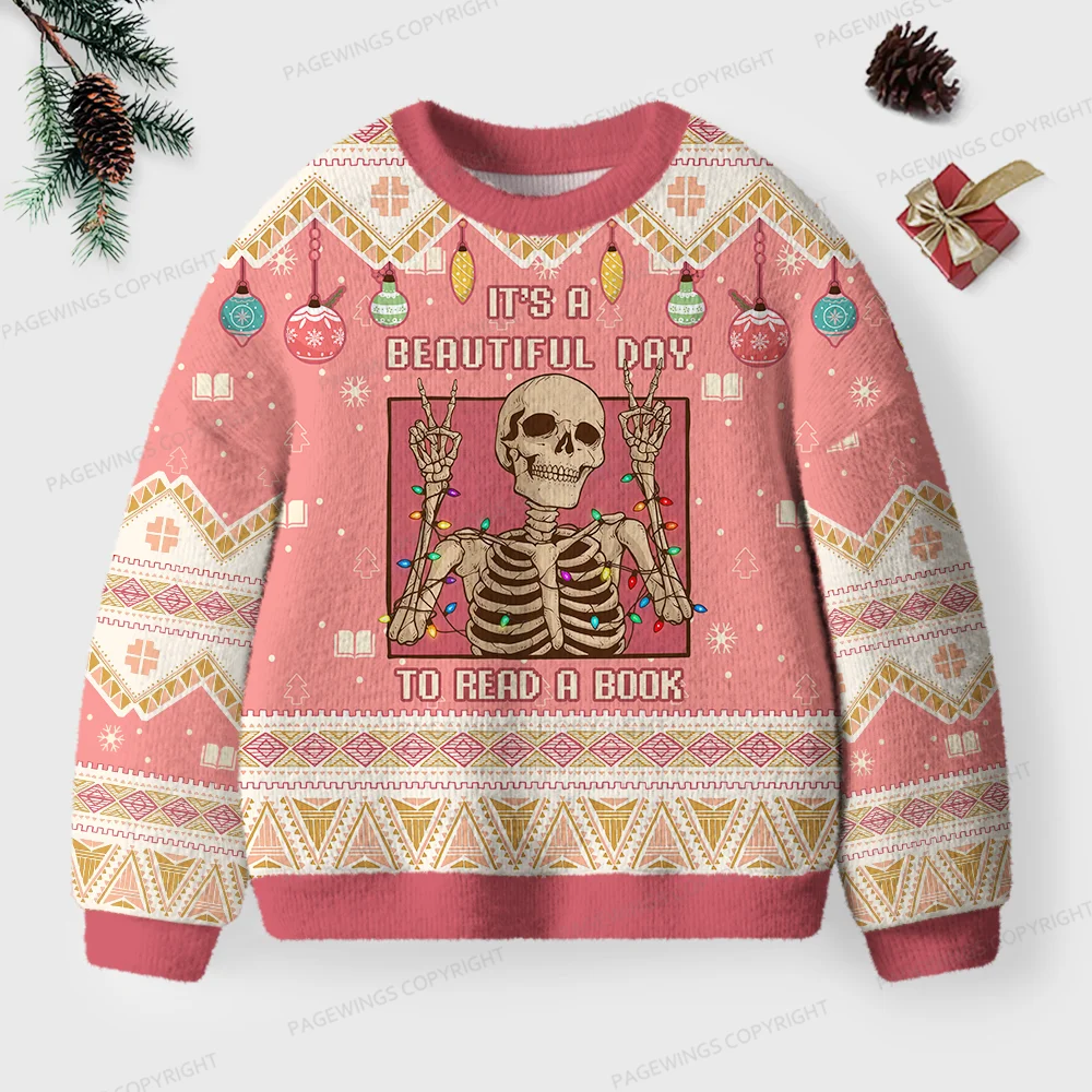 Pagewings It's A Beautiful Day To Read A Book Unisex Ugly Knit Sweatshirt