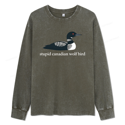 Pagewings Stupid Canadian Wolf Bird Unisex Washed Long Sleeve T-shirt