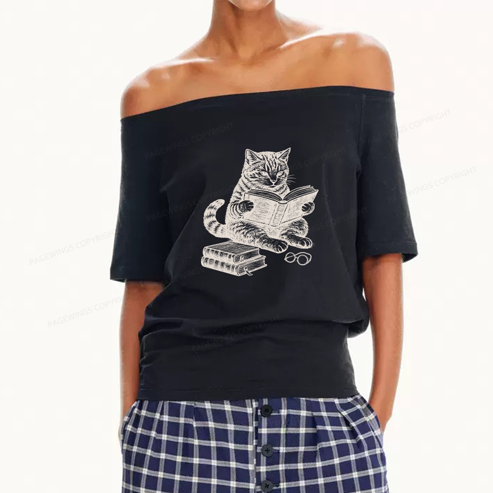 Pagewings Cat Reading Book Women Off Shoulder T-shirts