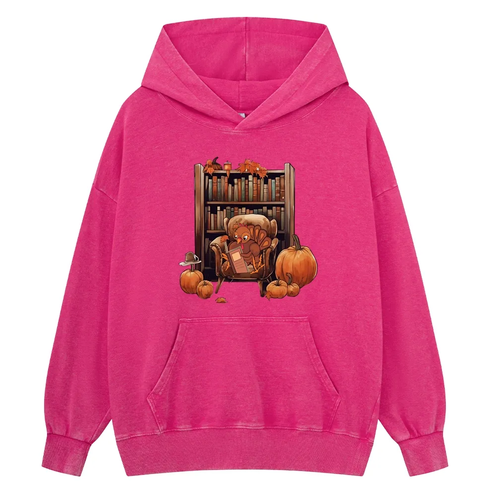 Pagewings Thanksgiving Turkey Reading Unisex Washed Hoodie