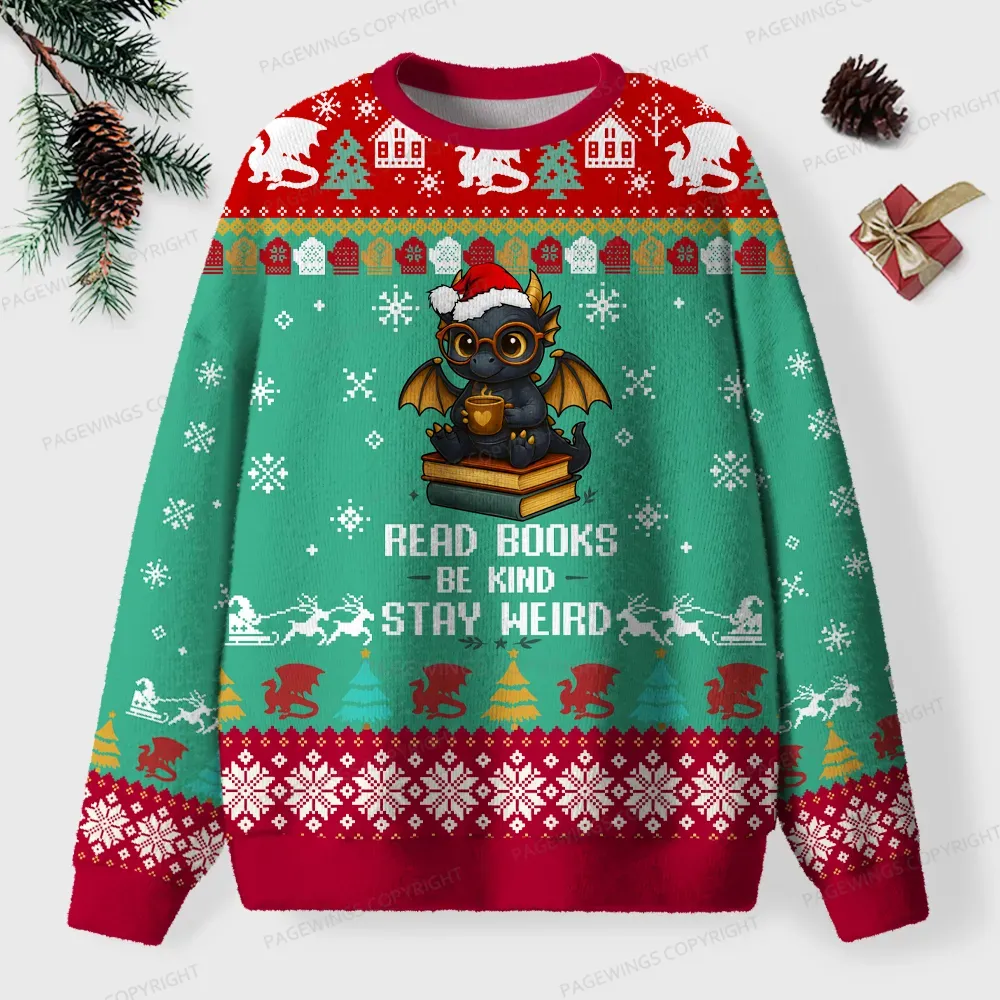 Pagewings Read Books Be Kind Stay Weird Unisex Ugly Knit Sweatshirt