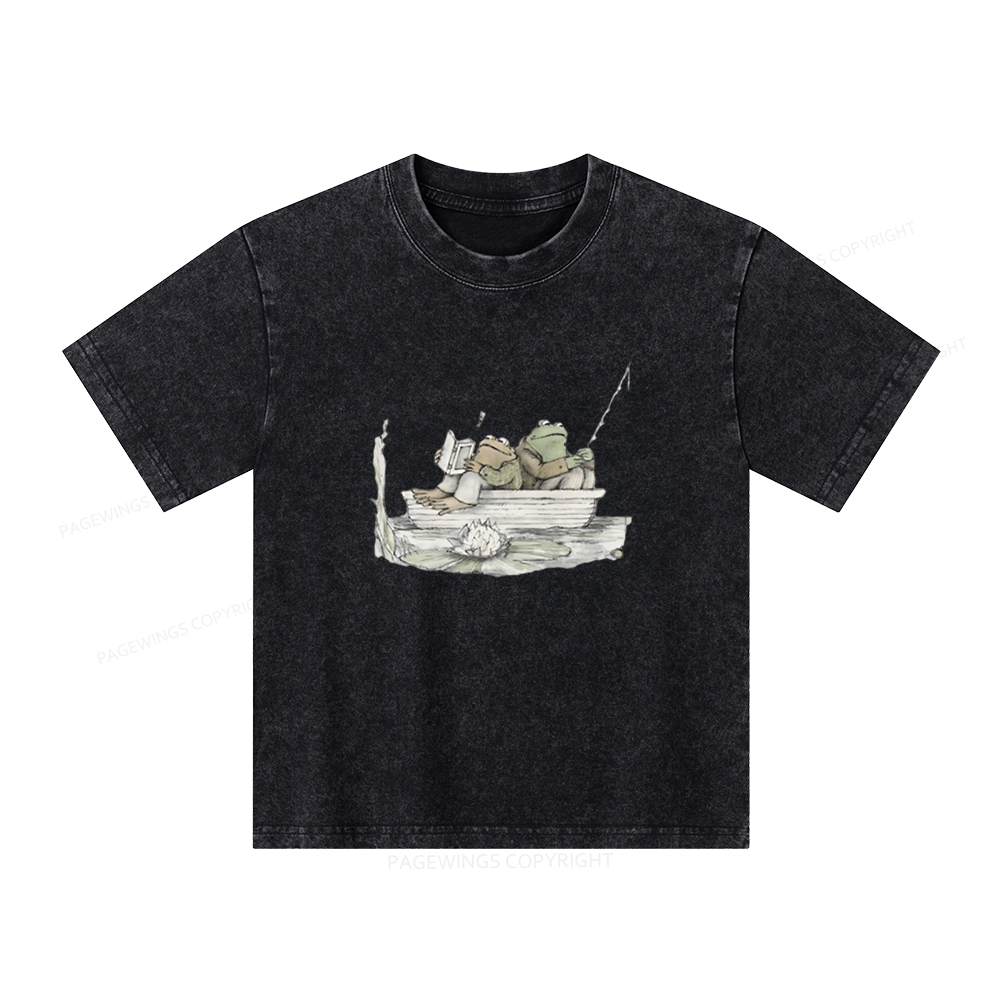Pagewings Frog Reading Unisex Kids Washed T-shirt