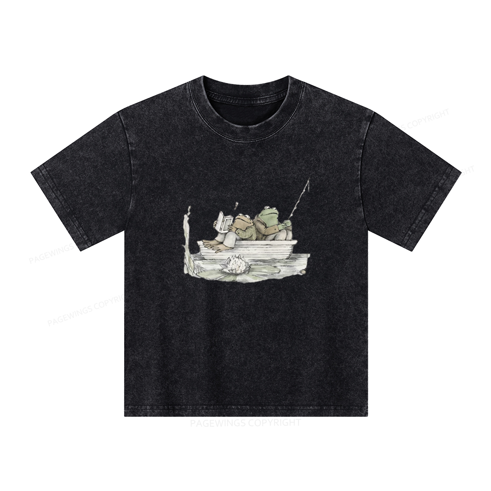Pagewings Frog Reading Unisex Kids Washed T-shirt