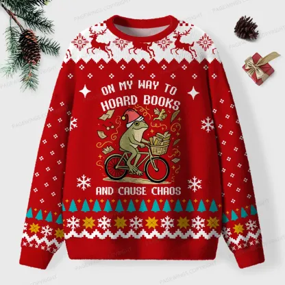 Pagewings On My Way To Hoard Books And Cause Chaos Unisex Ugly Knit Sweatshirt