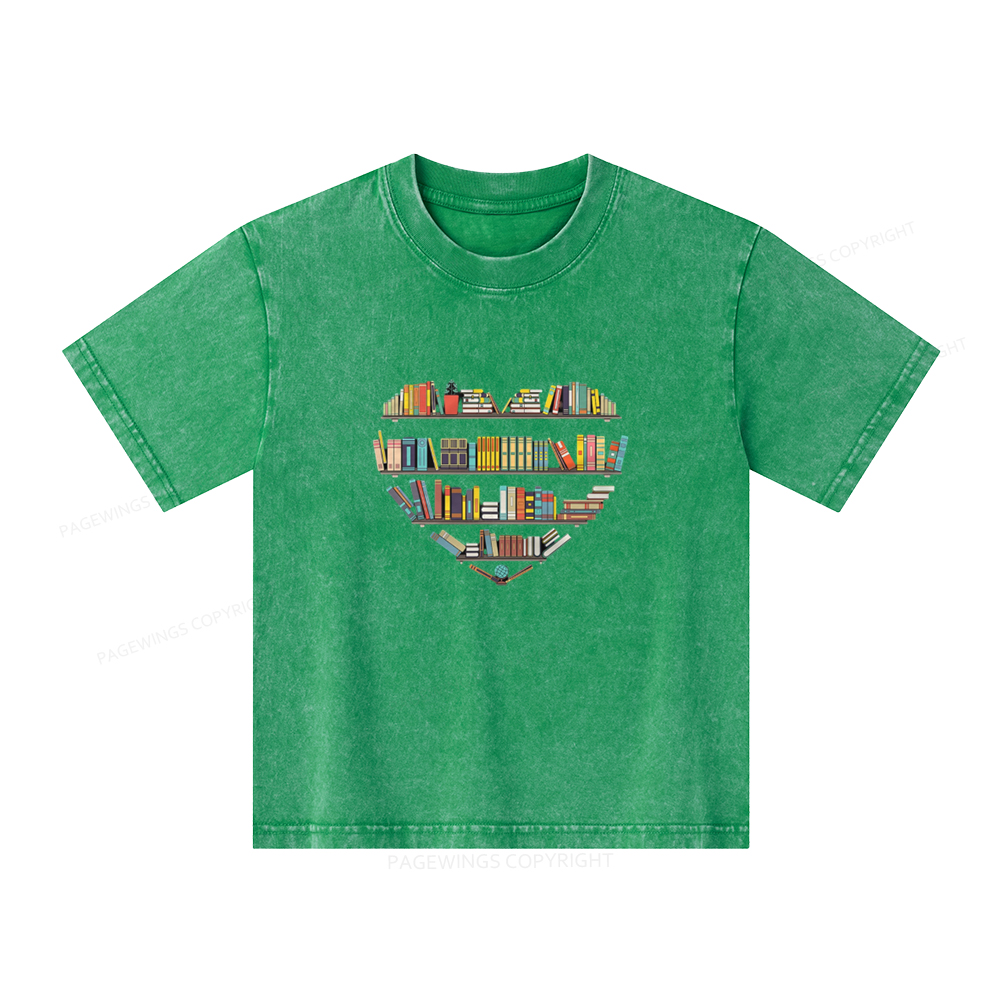 Pagewings Heart Bookshelves Unisex Kids Washed T-shirt