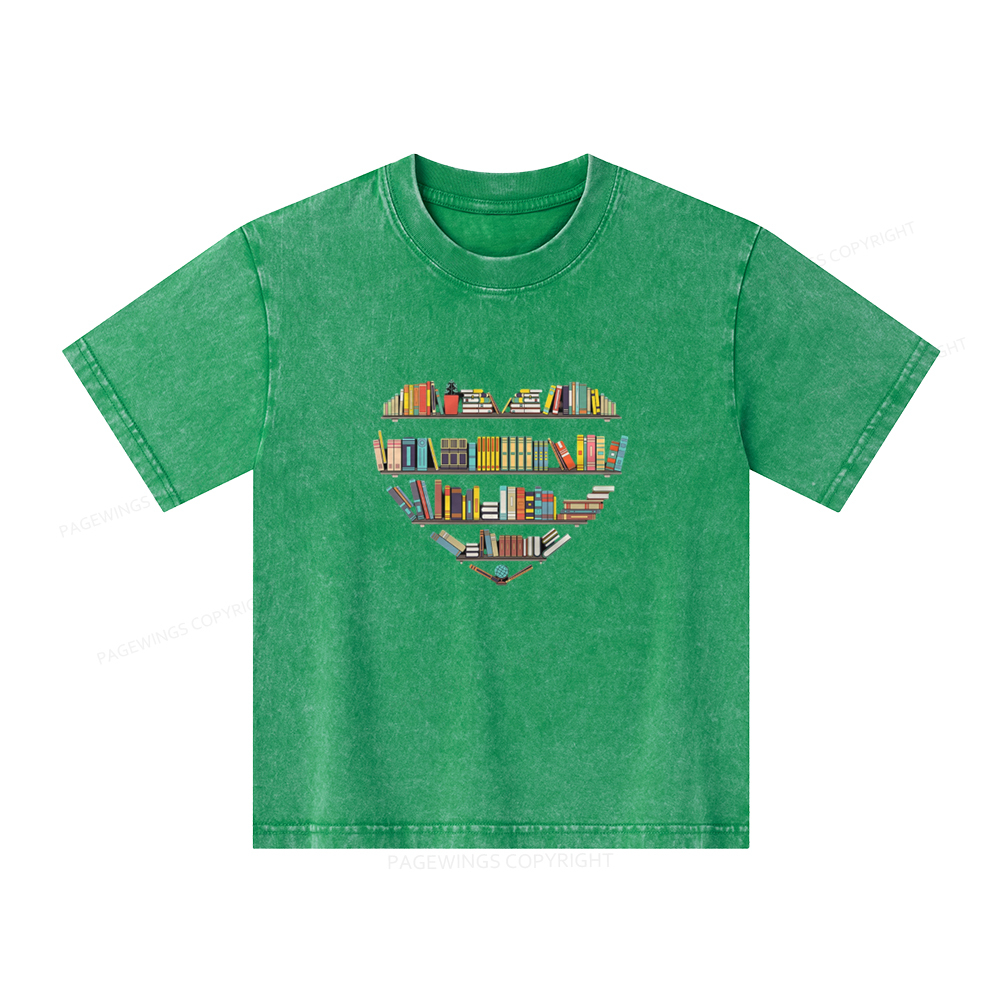Pagewings Heart Bookshelves Unisex Kids Washed T-shirt
