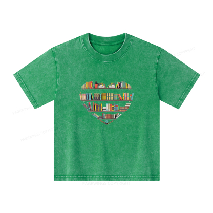 Pagewings Heart Bookshelves Unisex Kids Washed T-shirt