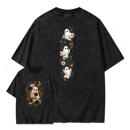 Pagewings Halloween Floral Ghost Bookish Unisex Washed T-shirt