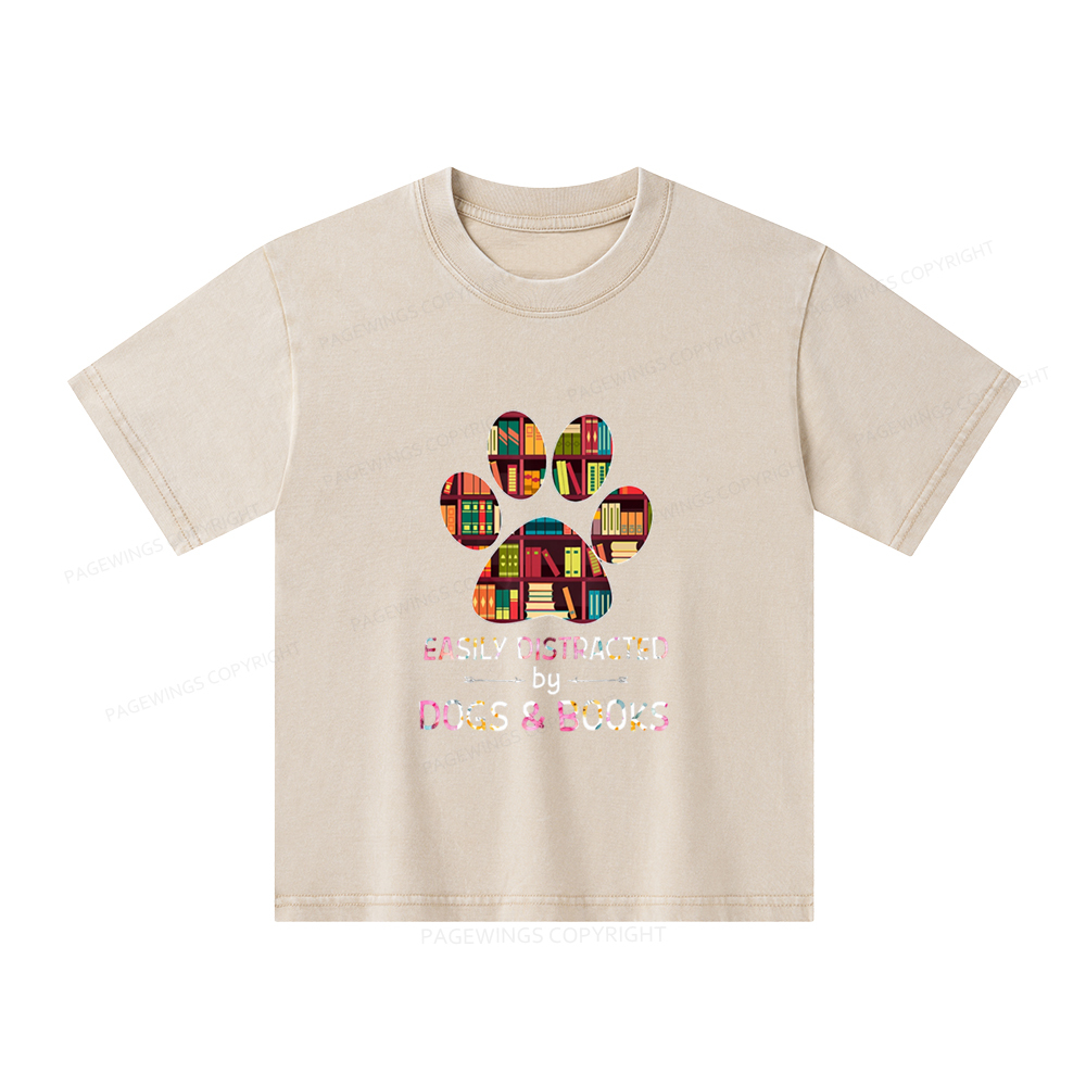 Pagewings Easily Distracted By Dogs And Books Unisex Kids Washed T-shirt