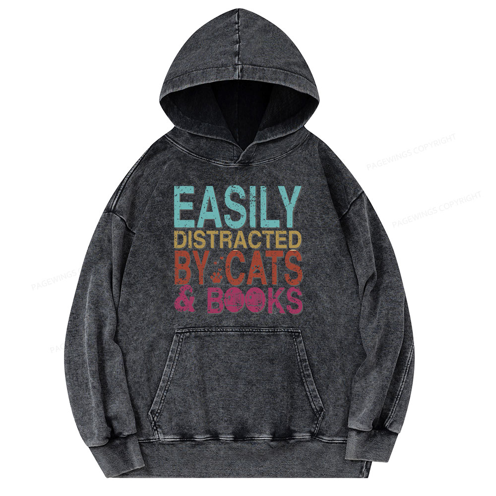 Pagewings Easily Distracted By Cats And Books Unisex Washed Hoodie