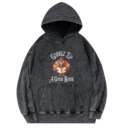 Pagewings Thanksgiving A Good Book Unisex Washed Hoodie