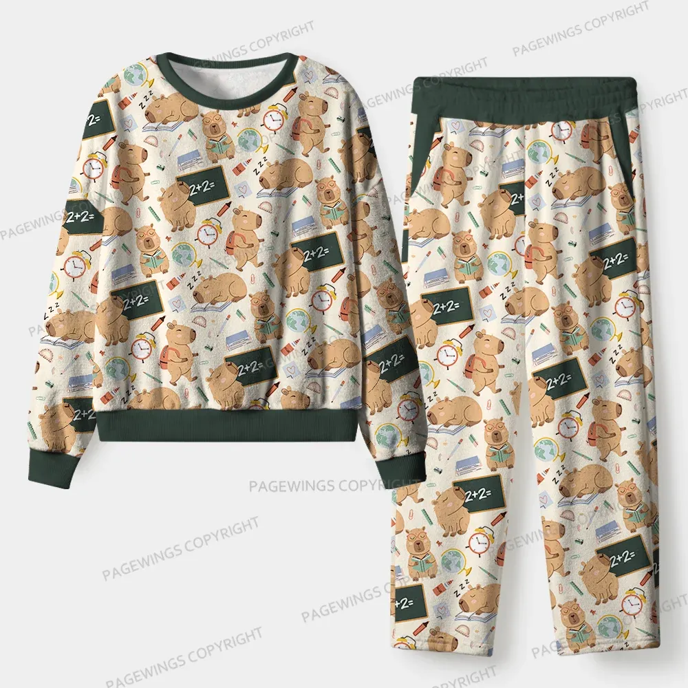 Pagewings Capybara Loves Reading Unisex Flannel Pajama Set