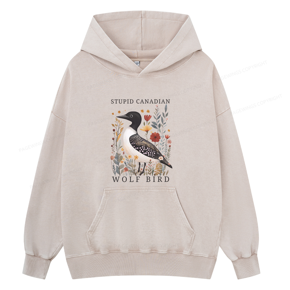 Pagewings Stupid Canadian Wolf Bird Unisex Washed Hoodie