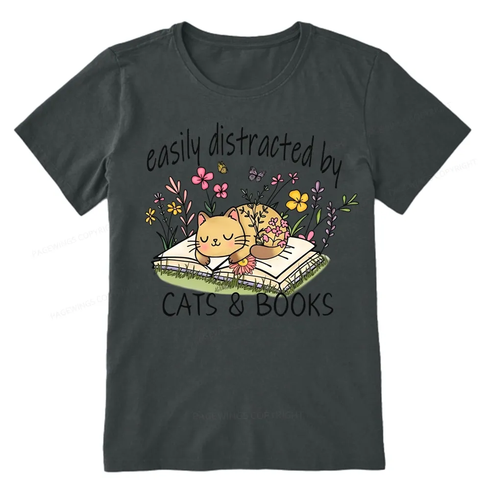 Pagewings Easily Distracted By Cats And Books Unisex Classic T-shirt