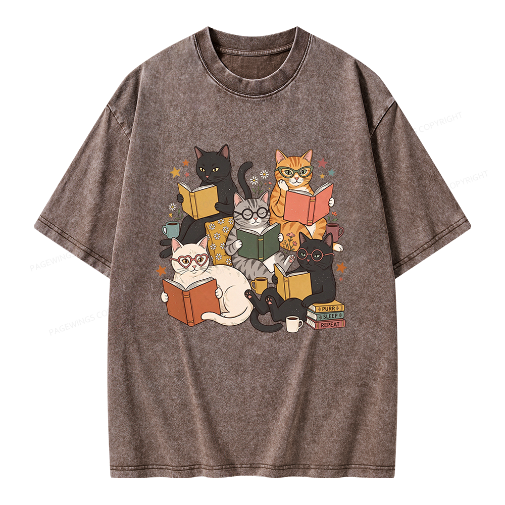 Pagewings Retro Reading Cats Unisex Washed T-shirt