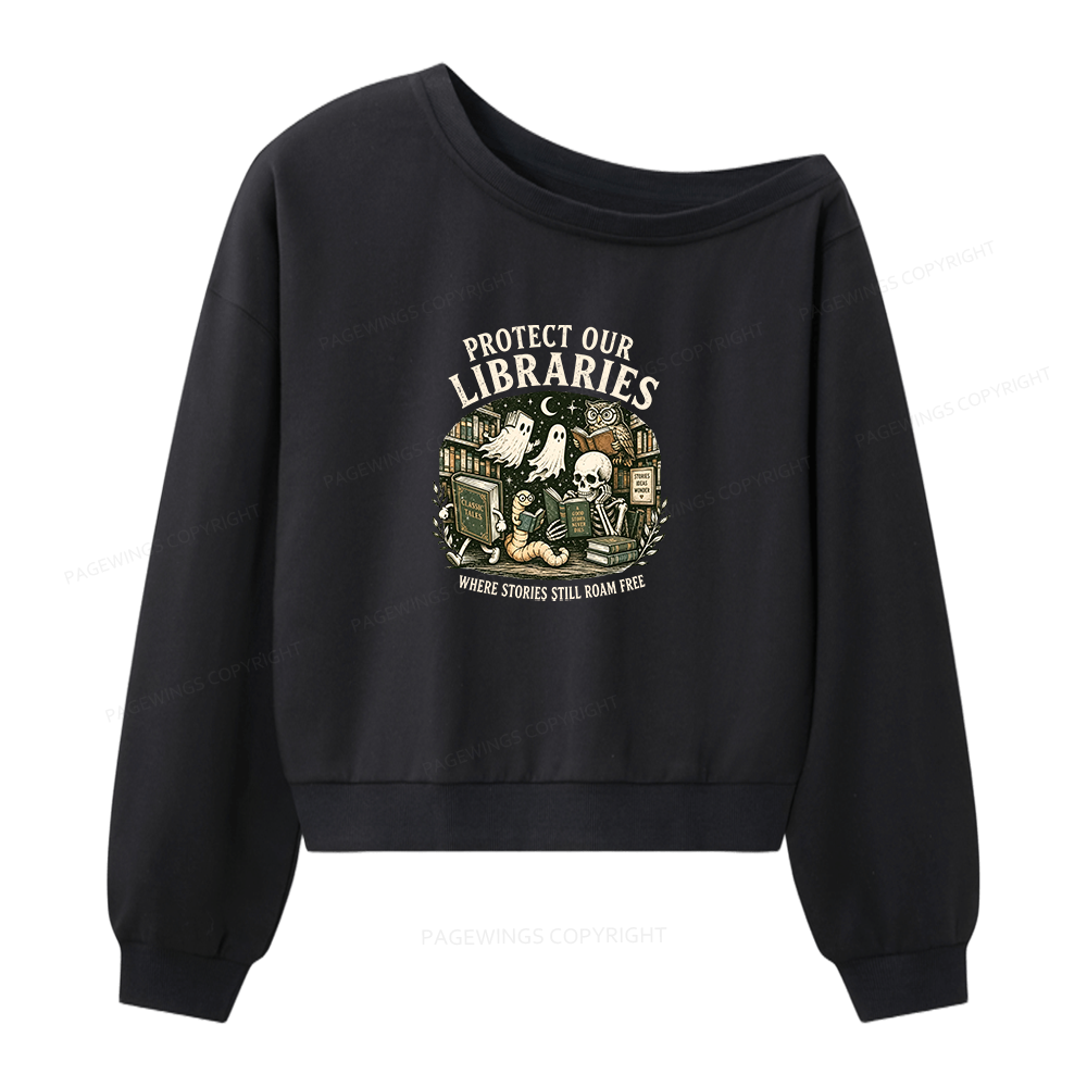 Pagewings Protect Our Libraries Women Off Shoulder Sweatshirt