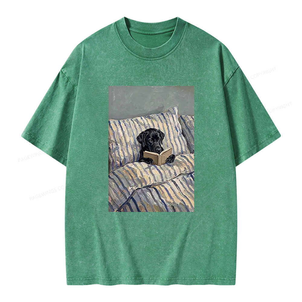 Pagewings Dog Reading in Bed Unisex Washed T-shirt