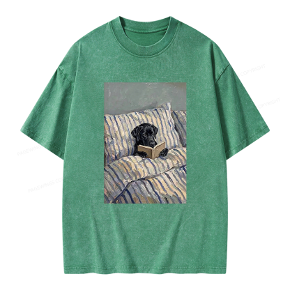 Pagewings Dog Reading in Bed Unisex Washed T-shirt