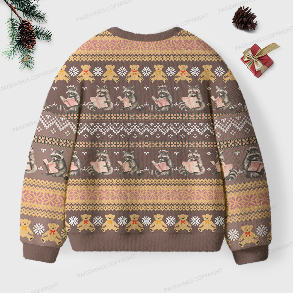 Pagewings Just A Raccoon Who Likes To Read Unisex Ugly Knit Sweatshirt