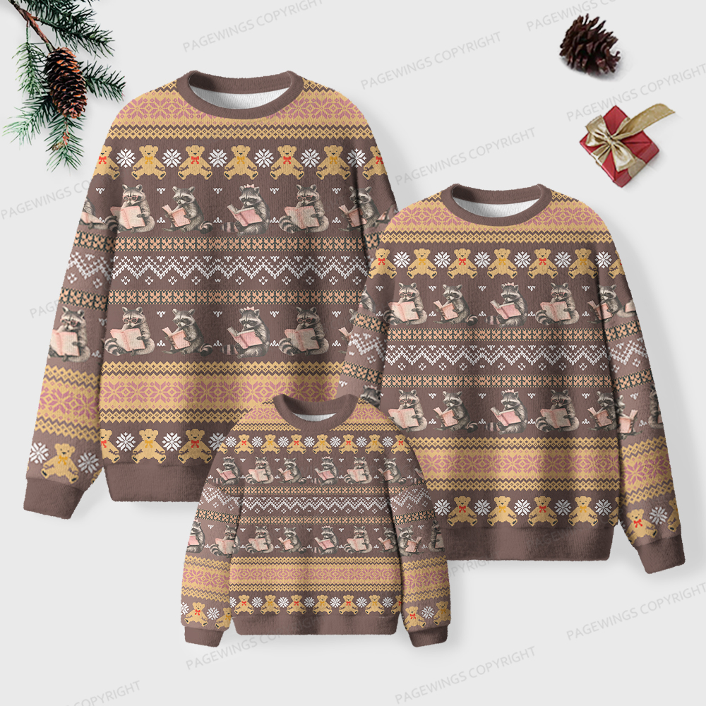 Pagewings Just A Raccoon Who Likes To Read Unisex Ugly Knit Sweatshirt