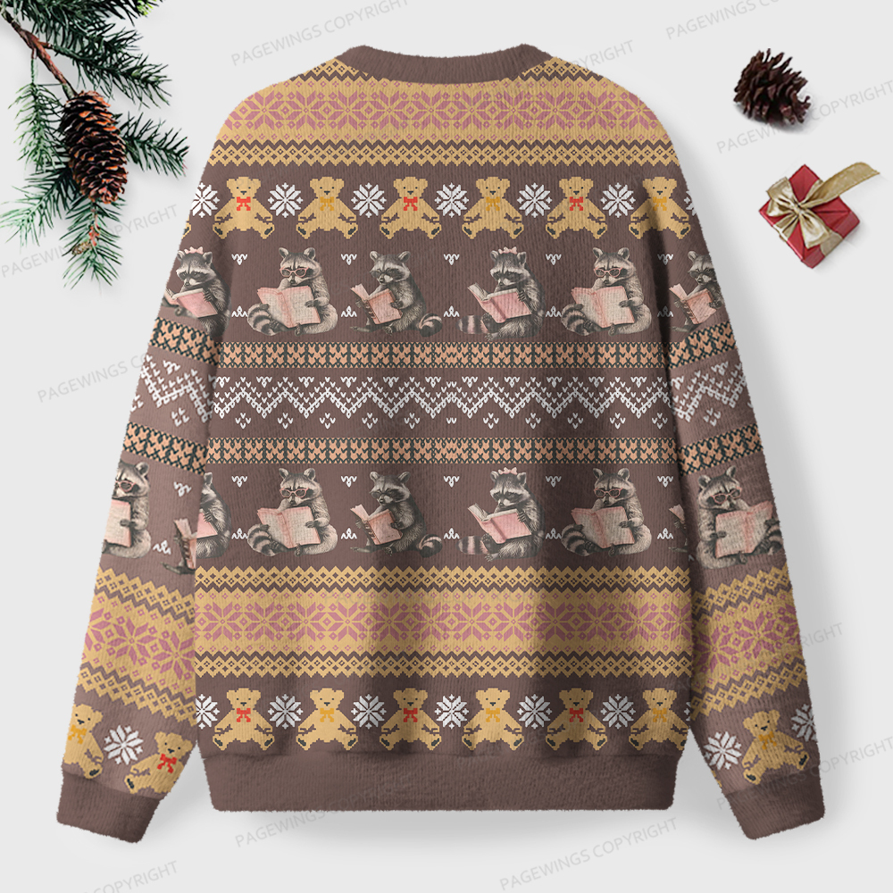 Pagewings Just A Raccoon Who Likes To Read Unisex Ugly Knit Sweatshirt