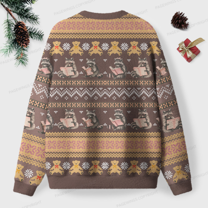 Pagewings Just A Raccoon Who Likes To Read Unisex Ugly Knit Sweatshirt