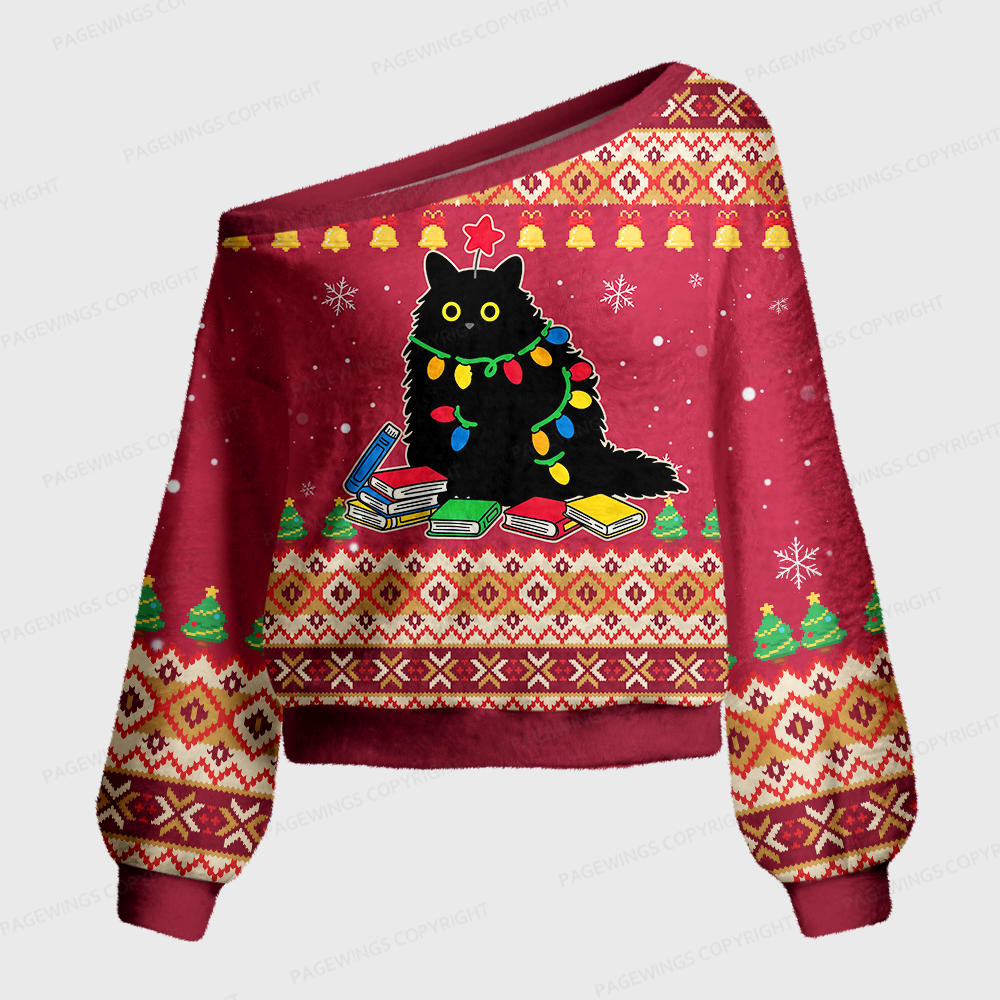 Pagewings Christmas Reading Cat Off Shoulder Ugly Knit Sweater