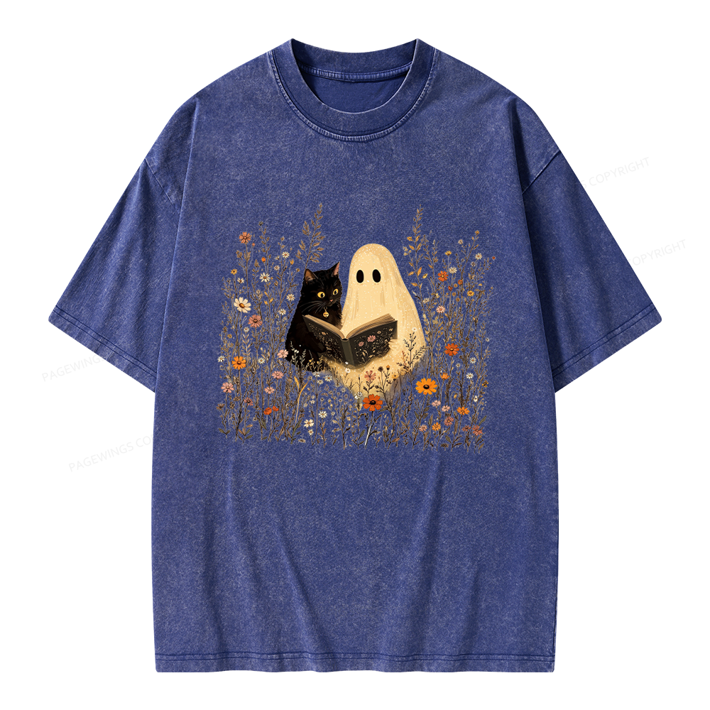 Pagewings Ghost Black Cat Reading Unisex Washed T-shirt