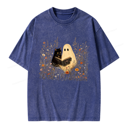 Pagewings Ghost Black Cat Reading Unisex Washed T-shirt