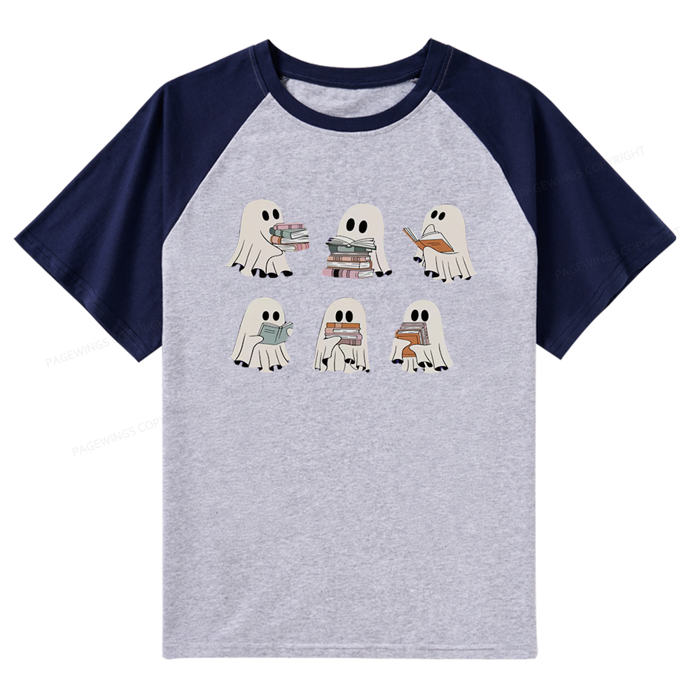 Pagewings Ghost Reading Halloween Raglan T-shirt