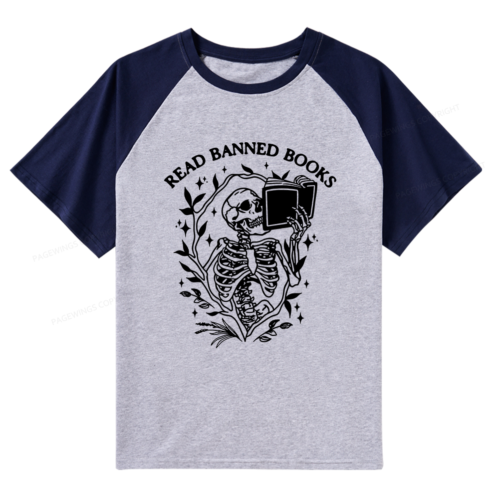Pagewings Read Banned Books Skeleton Halloween Goth Protest T-Shirt Raglan T-shirt