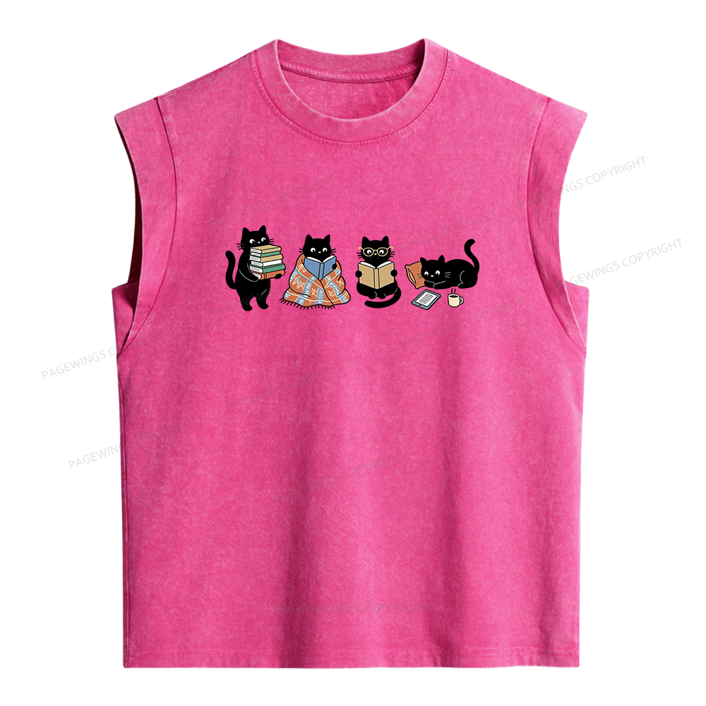 Pagewings Black Cats Reading Women's Washed Tank Top