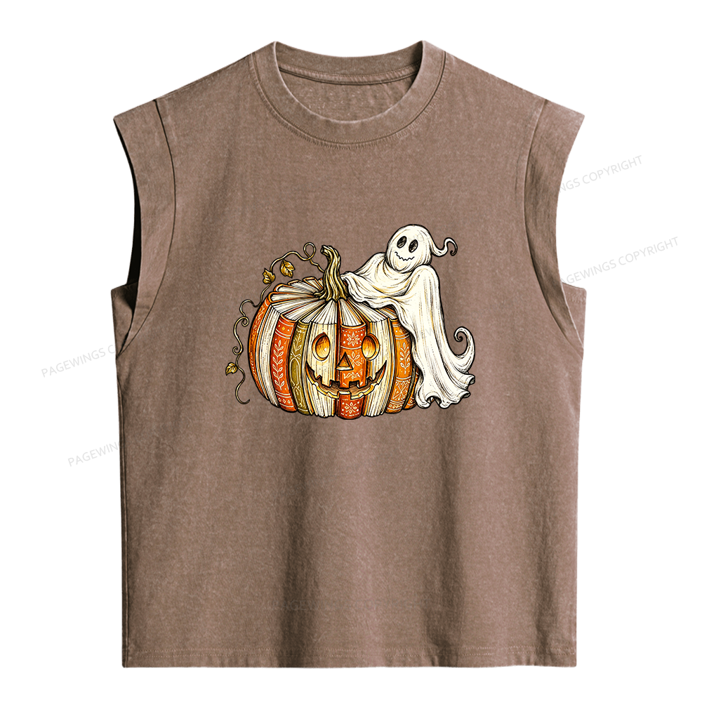Pagewings Book Pumpkin Ghost Women's Washed Tank Top