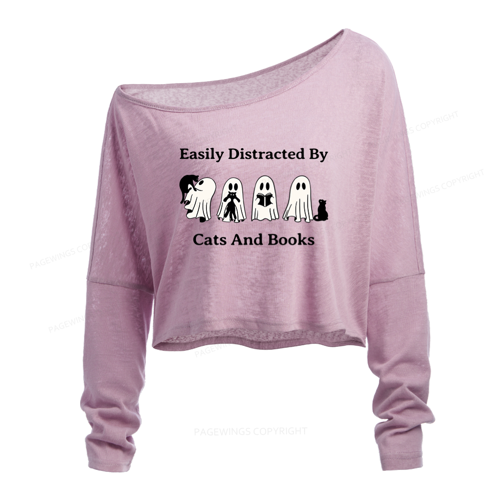 Pagewings Easily Distracted By Cats And Books Slouchy Long Sleeve Off Shoulder T-shirt