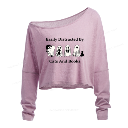Pagewings Easily Distracted By Cats And Books Slouchy Long Sleeve Off Shoulder T-shirt
