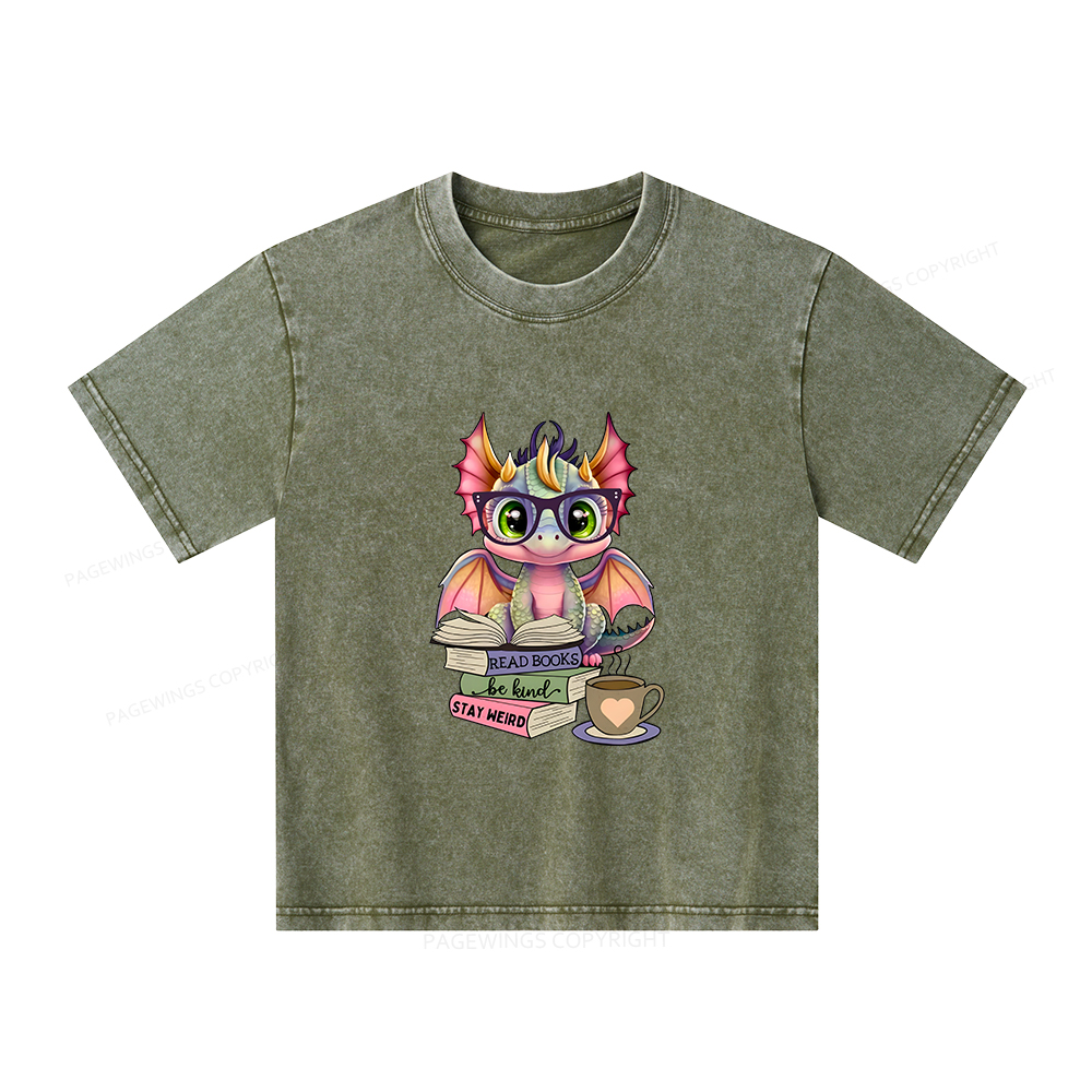Pagewings Cute Dragon Reading Unisex Kids Washed T-shirt