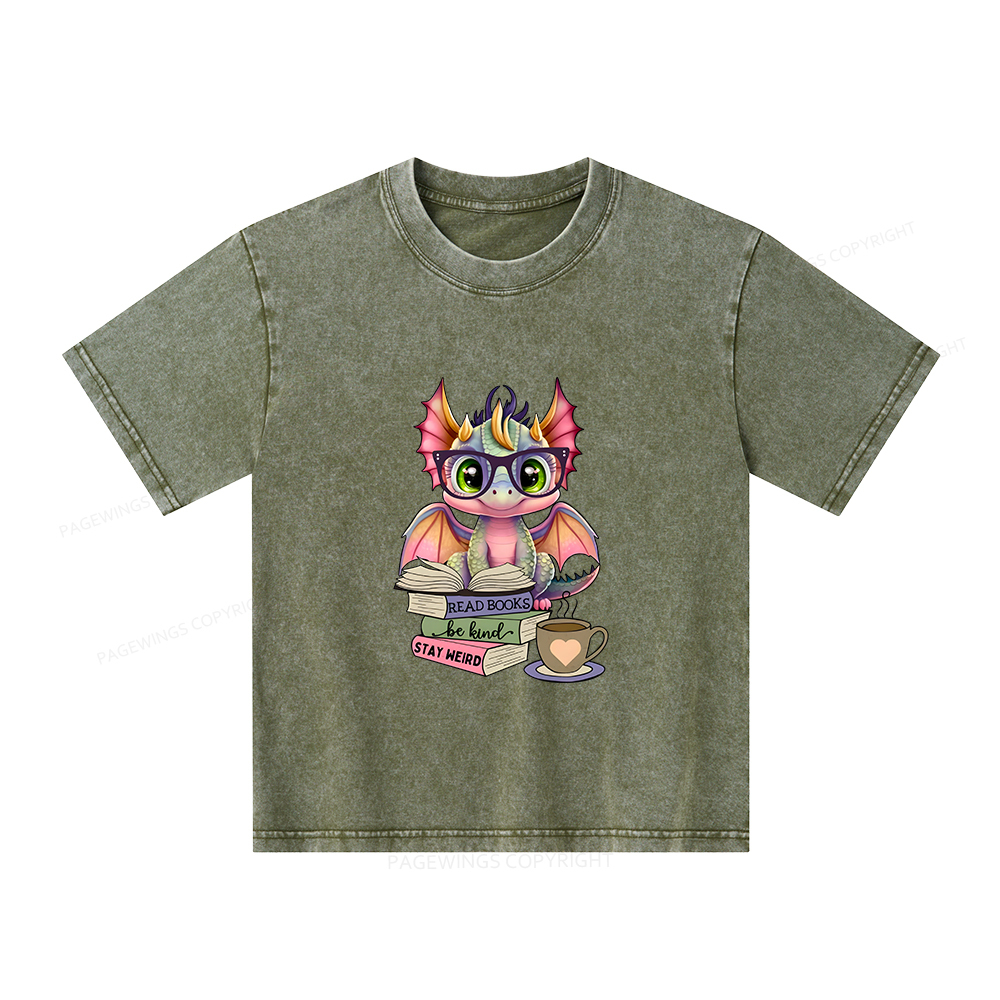 Pagewings Cute Dragon Reading Unisex Kids Washed T-shirt