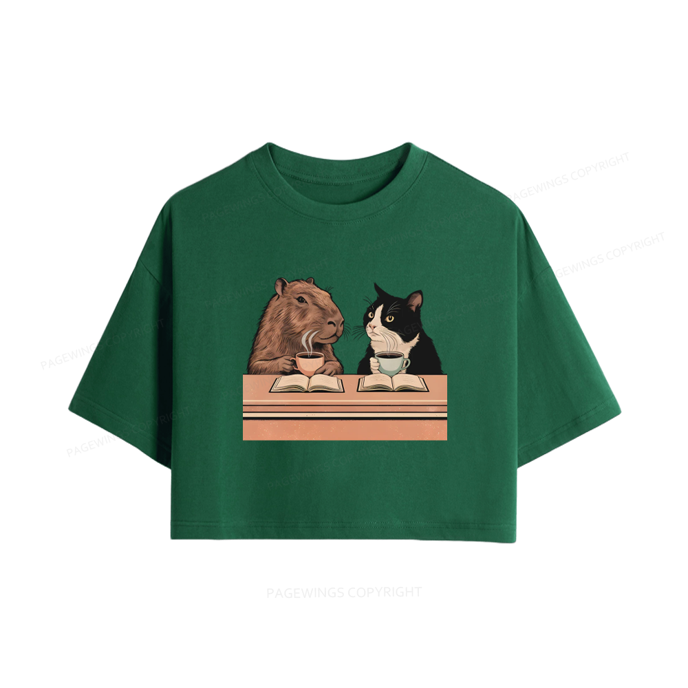 Pagewings Capybara and Tuxedo Cat Chilling with Coffee Women Crop Tops