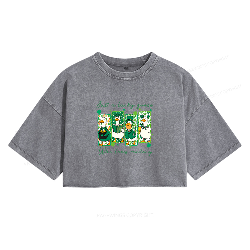 Pagewings St Patrick’s Day Just A Lucky Goose Who Loves Reading Women's Washed Cropped T-shirt