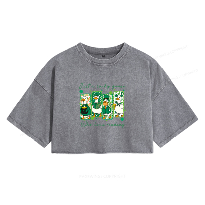 Pagewings St Patrick’s Day Just A Lucky Goose Who Loves Reading Women's Washed Cropped T-shirt
