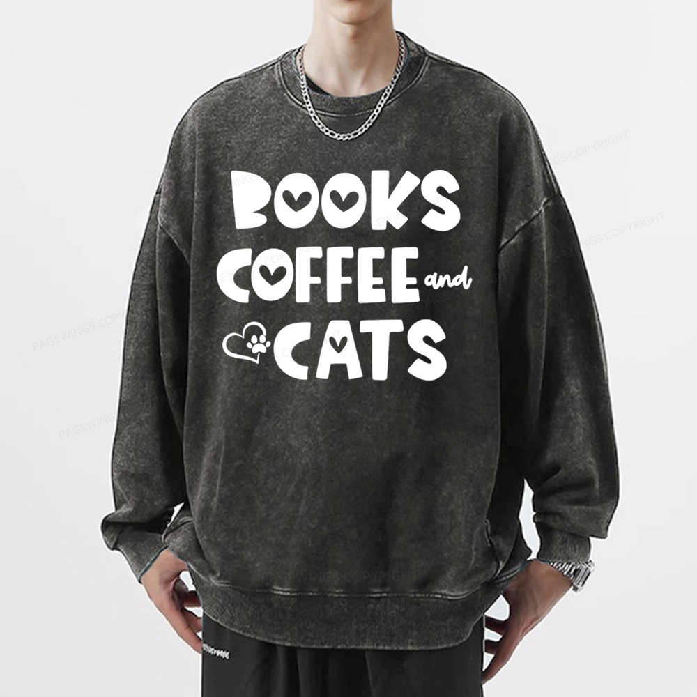 Pagewing Books Coffee and Cats Unisex Washed Sweatshirt