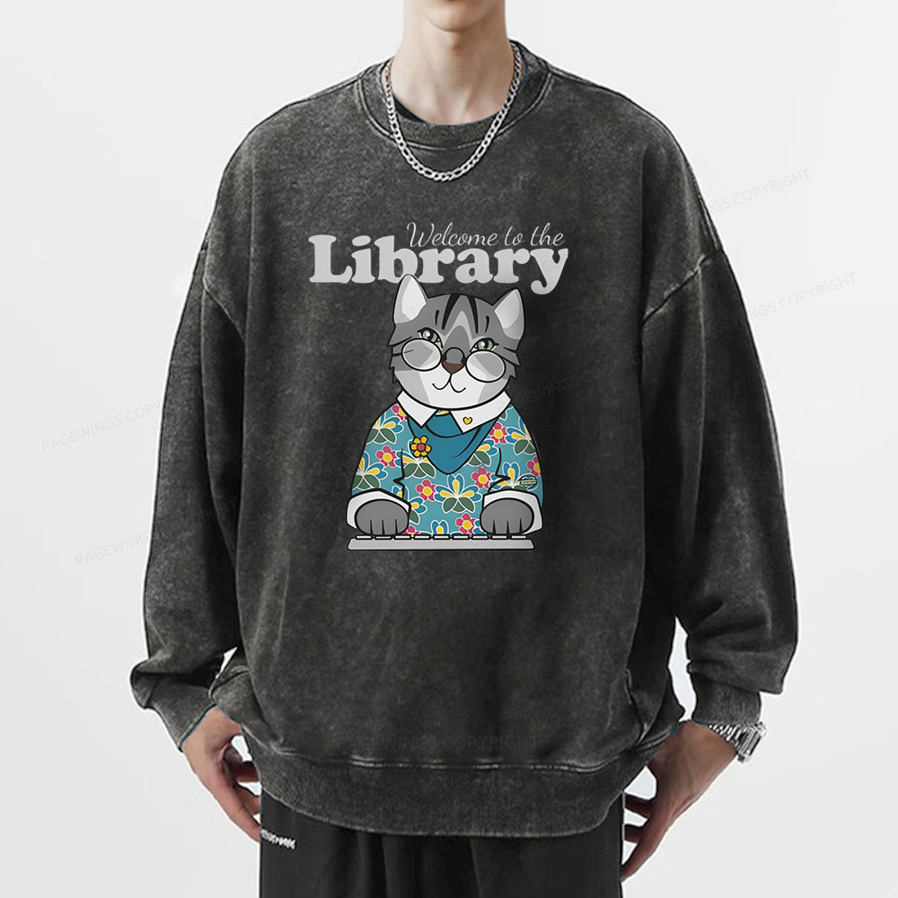 Pagewings Welcome to the Library Cat Unisex Washed Sweatshirt