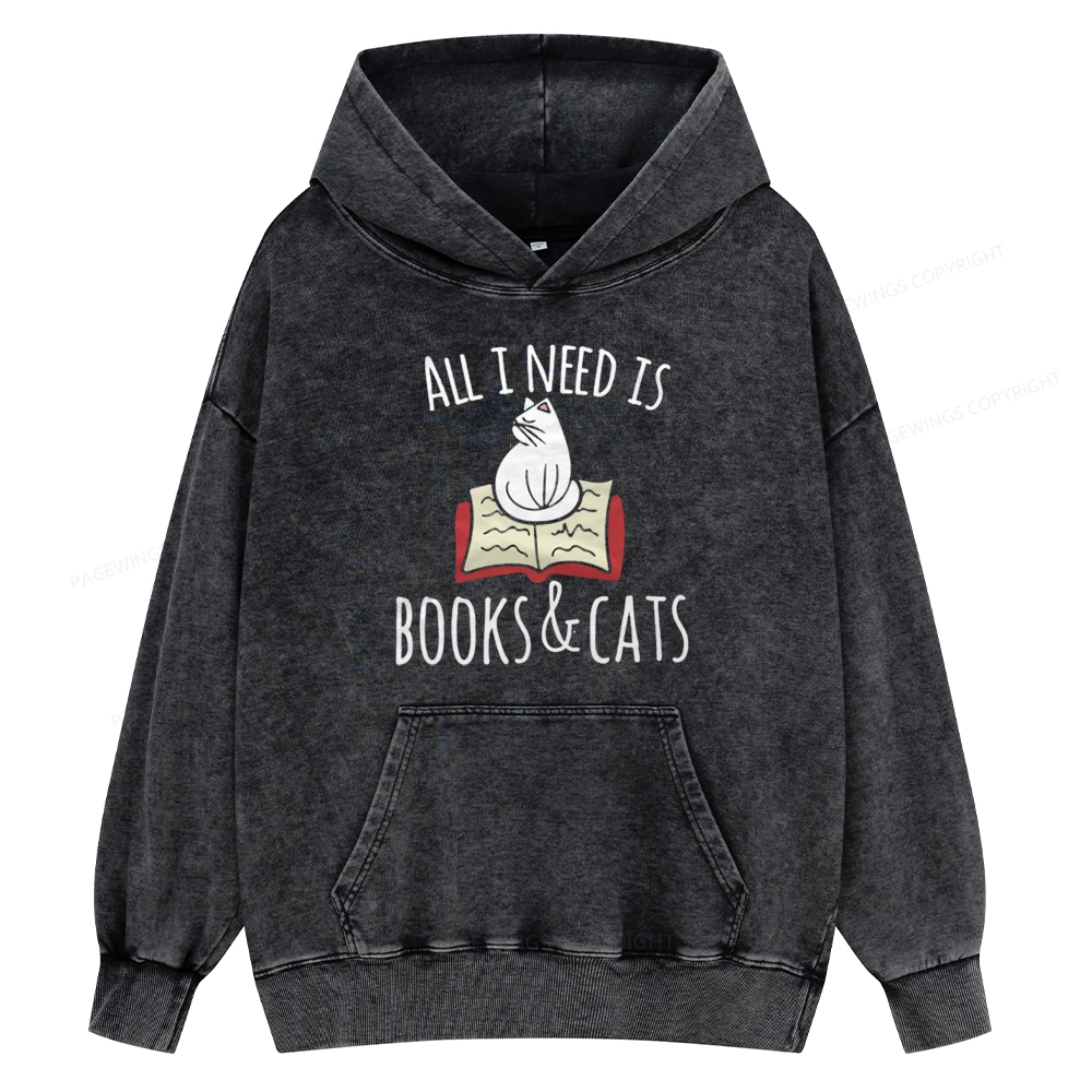 Pagewings All I Need Is Book & Cat Unisex Washed Hoodie