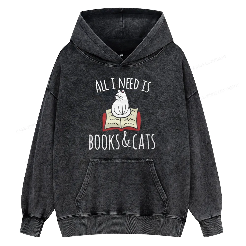 Pagewings All I Need Is Book & Cat Unisex Washed Hoodie
