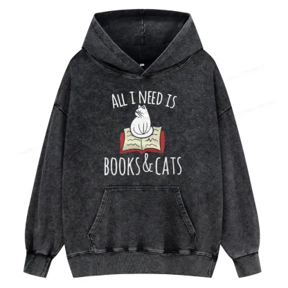 Pagewings All I Need Is Book & Cat Unisex Washed Hoodie