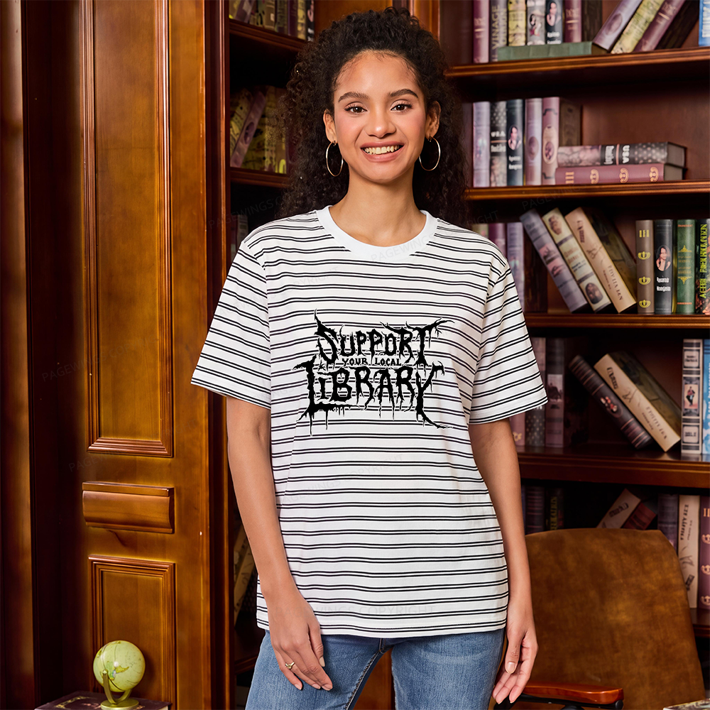 Pagewings Support Your Local Library Unisex Striped T-Shirt
