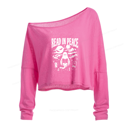Pagewings Halloween Read In Peace Ghost Reading Slouchy Long Sleeve Off Shoulder T-shirt