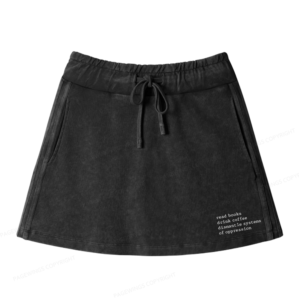 Pagewings Read Books Drink Coffee Women Drawstring Washed Mini Skirts
